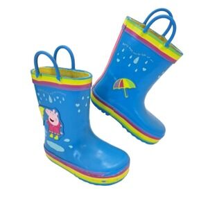 Peppa Pig Girls Baby Blue & Rainbow Colors Rain Boots‎ Size 5-6